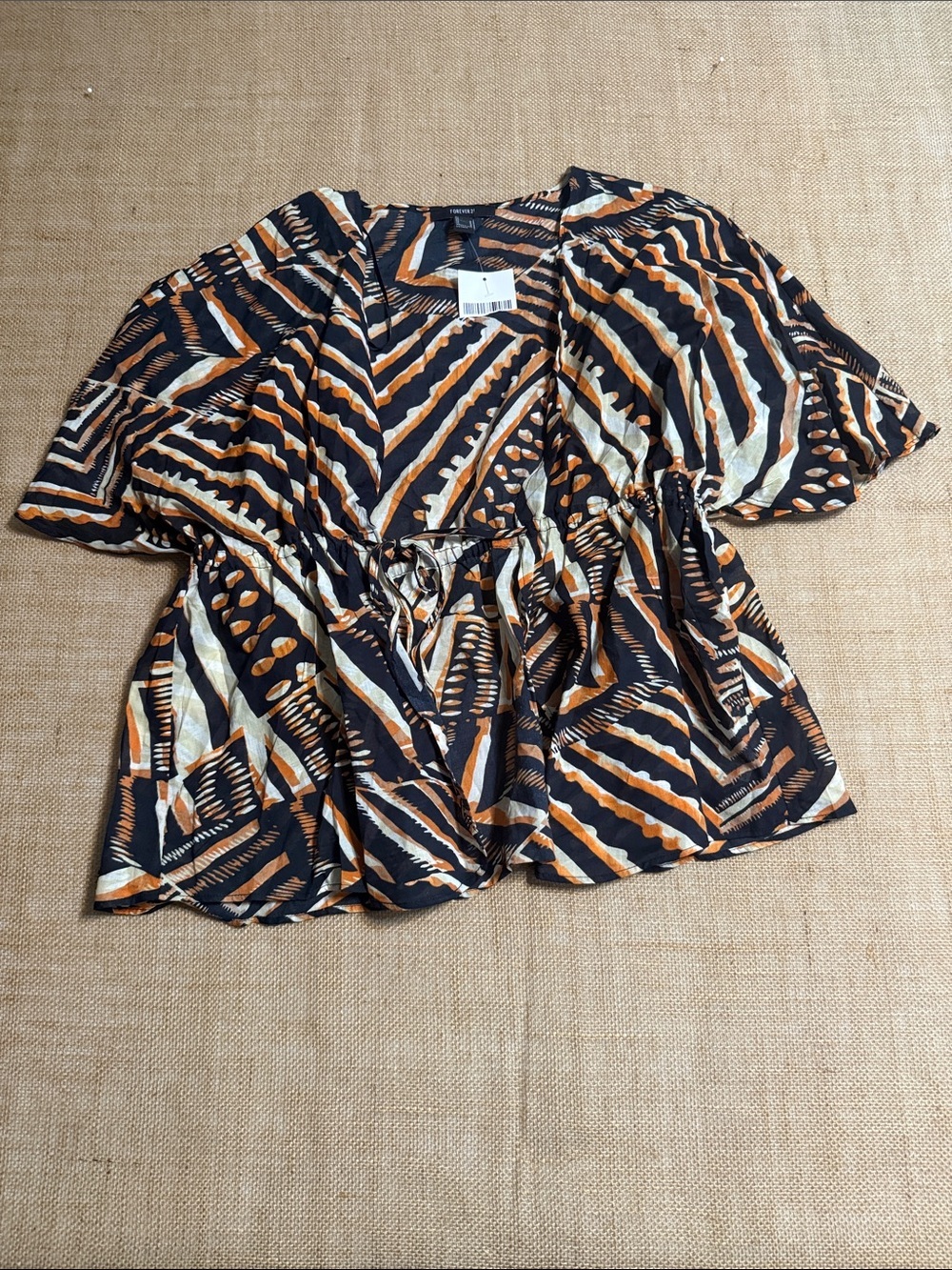 Forever 21 Black, Brown & Cream Abstract V-Neck Drawstring Blouse